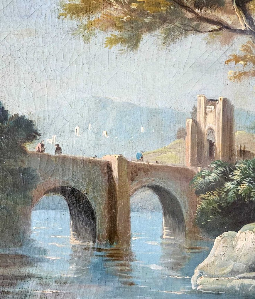 Francesco Guardi (1712-1793), Navolger van - Veduta of and ancient town near a river #1.0