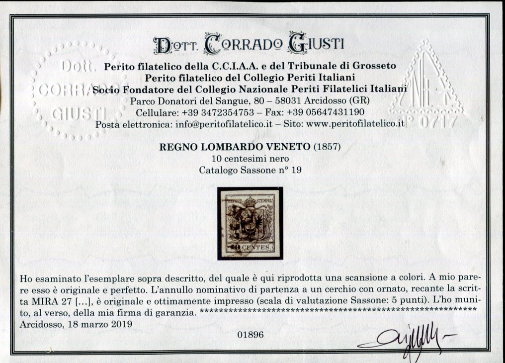 意大利古國－倫巴第-威尼托王國 1857 - 稀有的10分机打纸，豪华品质和多签名！ - Sassone 19 #2.1