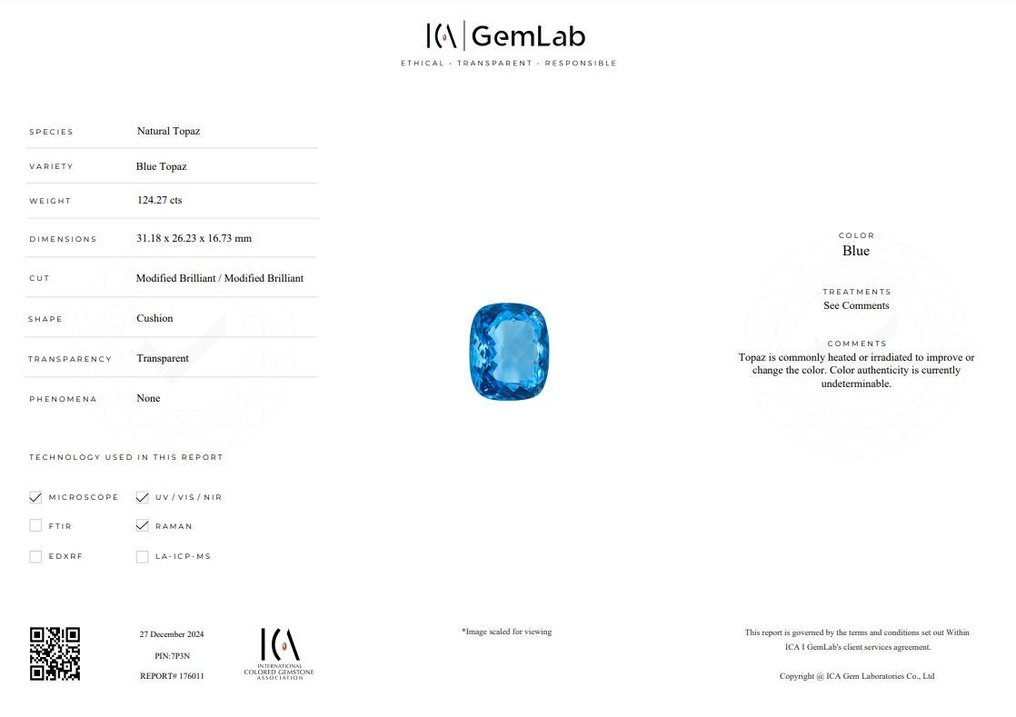 蓝色 黄宝石 - 124.27 ct - 国际有色宝石协会(ICA GemLab) #3.2