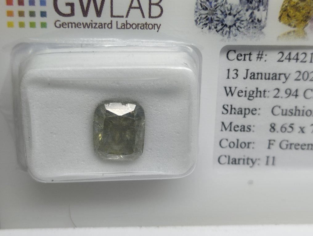 1 pcs 钻石  (天然色彩的)  - 2.94 ct - 枕形 - Fancy 灰色 - I1 内含一级 - Gemewizard宝石实验室（GWLab） #1.0