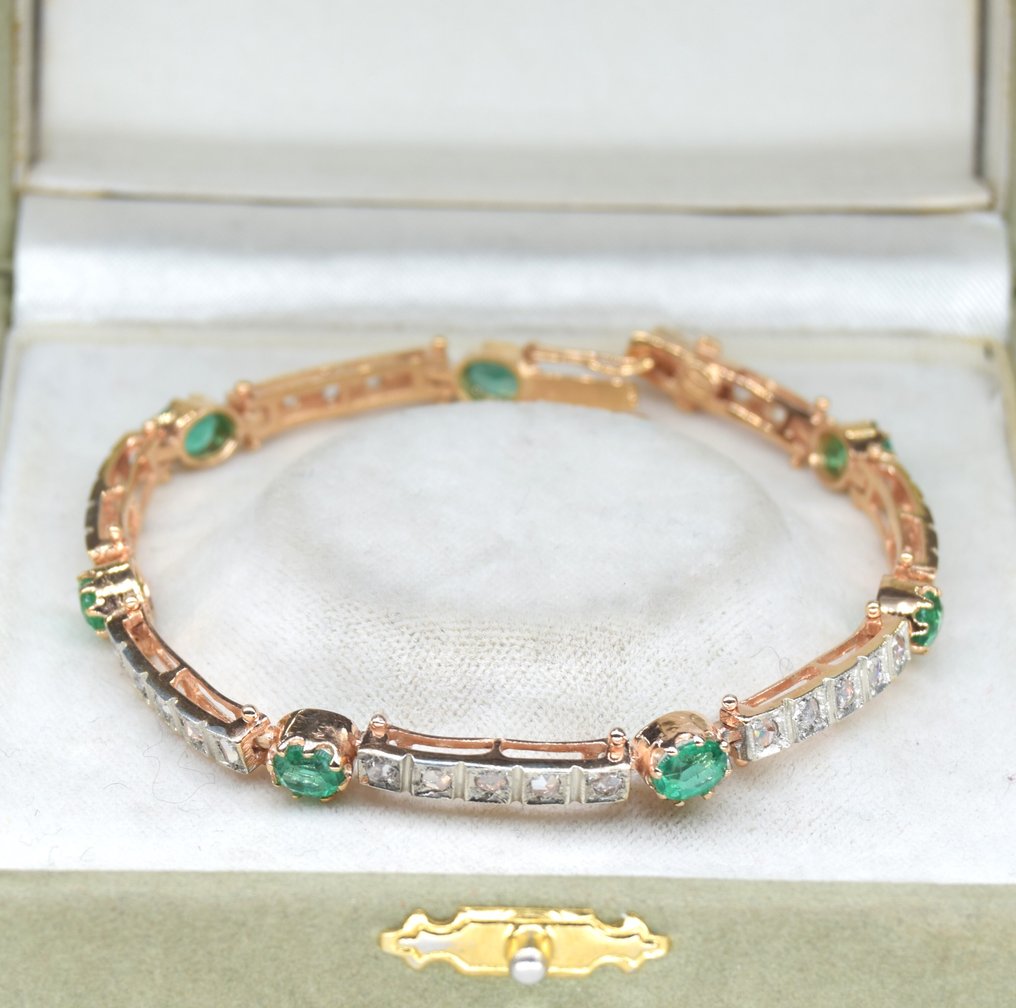 没有保留价 - 手镯 - 9 kt. 玫瑰金 -  4.62ct. tw. 祖母绿 - 钻石 - 艺术装饰 #1.0