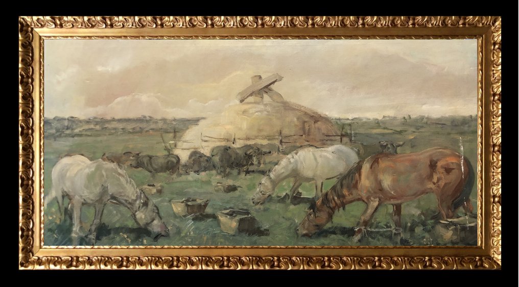Spanish school (c. 1960) - Bulls and Horses grazing in a field #2.1