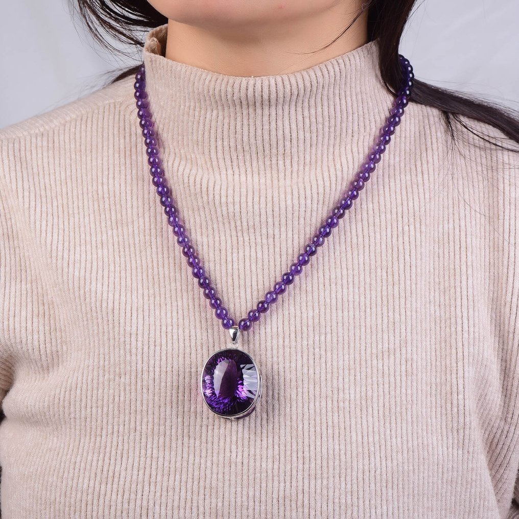 ALGT 认证 - 天然紫水晶项链配大紫水晶吊坠 - 优雅而独特- 68.25 g #1.0