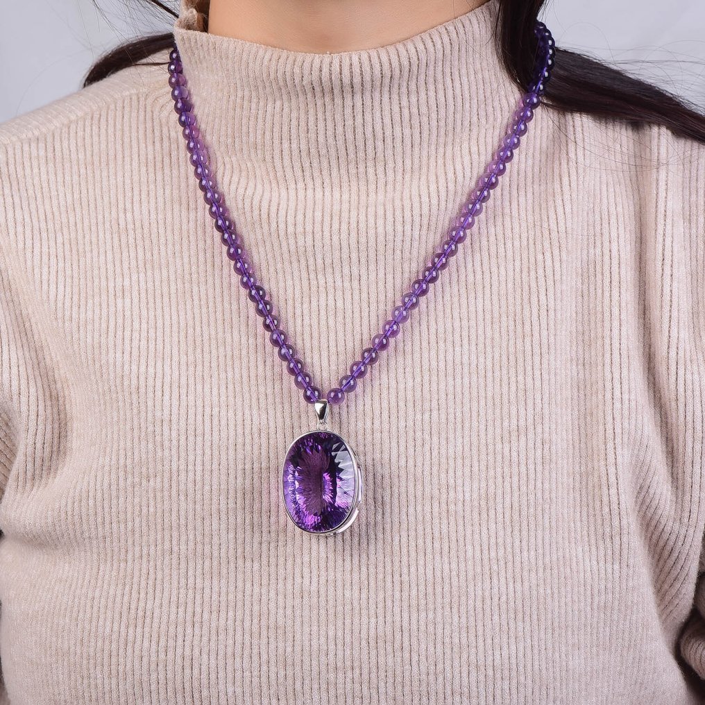 ALGT 认证 - 天然紫水晶项链，配大紫水晶吊坠 优雅且独特- 67.13 g #1.0