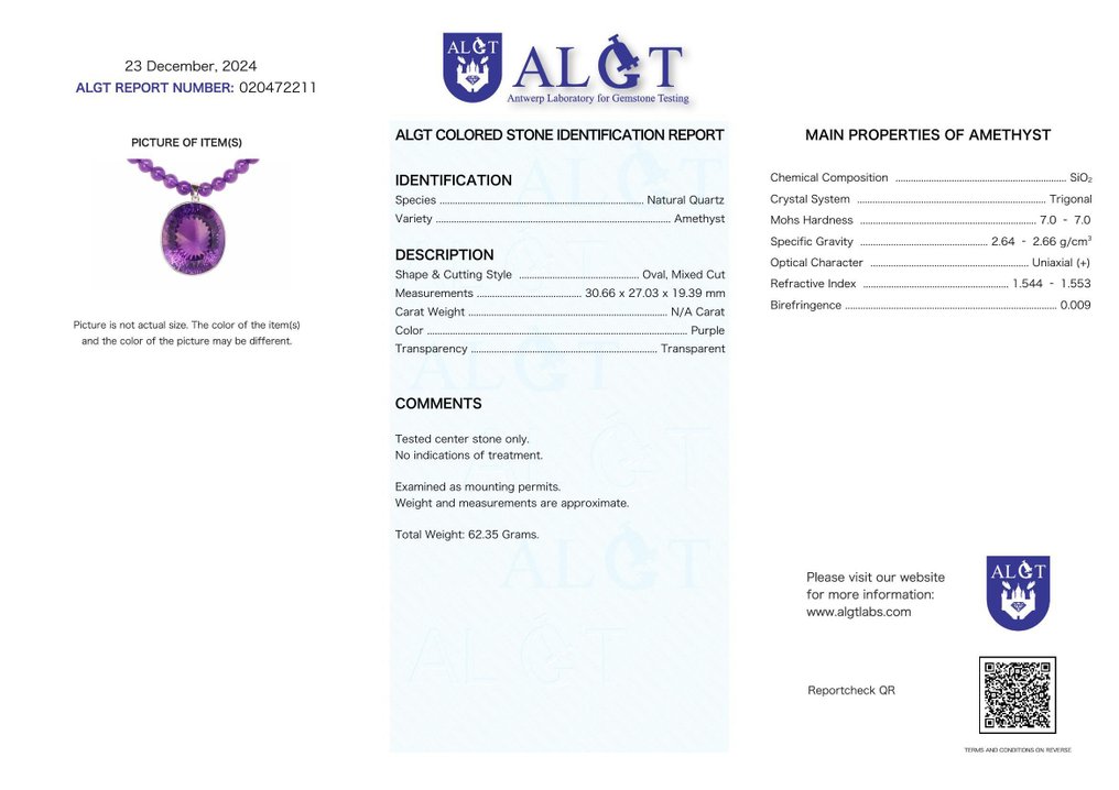 Certificat ALGT - Colier din ametist natural cu pandantiv mare din ametist - Elegant și Exclusiv- 62.35 g #2.1