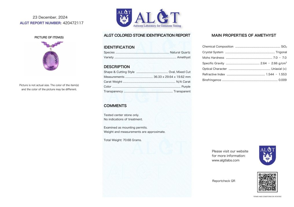 Certifié ALGT - Collier en améthyste naturelle avec grand pendentif en améthyste - Élégant et exclusif- 70.68 g #2.1