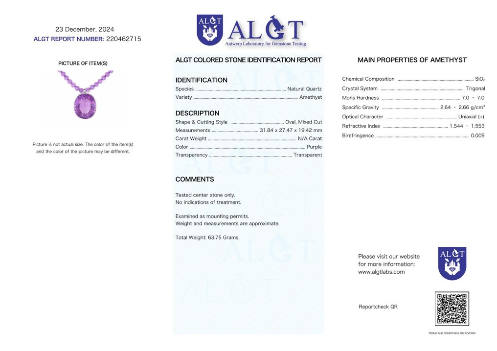 ALGT 认证 - 天然紫水晶项链，配大紫水晶吊坠 优雅且独特- 63.75 g #2.1
