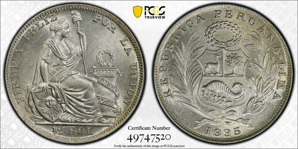 Pérou. 1/2 Sol 1935 - PCGS MS64 #3.2