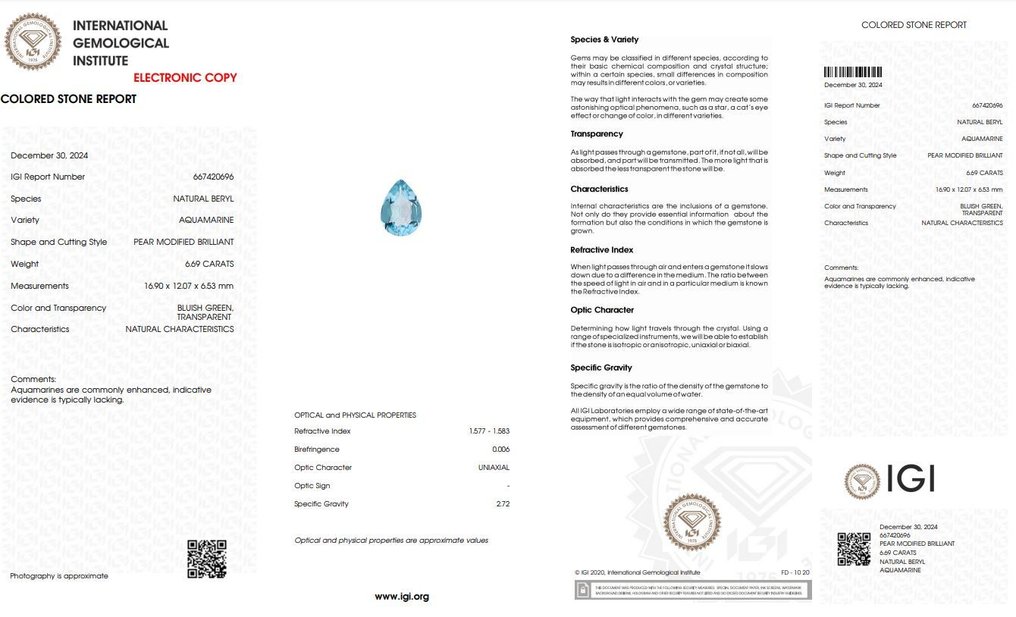 1 pcs  Μπλε, Πράσινο Ακουαμαρίνης  - 6.69 ct - International Gemological Institute (IGI) #2.1