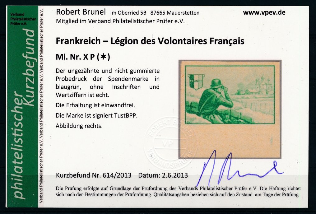 德意志帝国-占领法国(1941-1945) 1942 - 法国军团,军团士兵,蓝绿色证明,完美无瑕,照片证书 Brunel BPP - Michel Nr. X P #2.1
