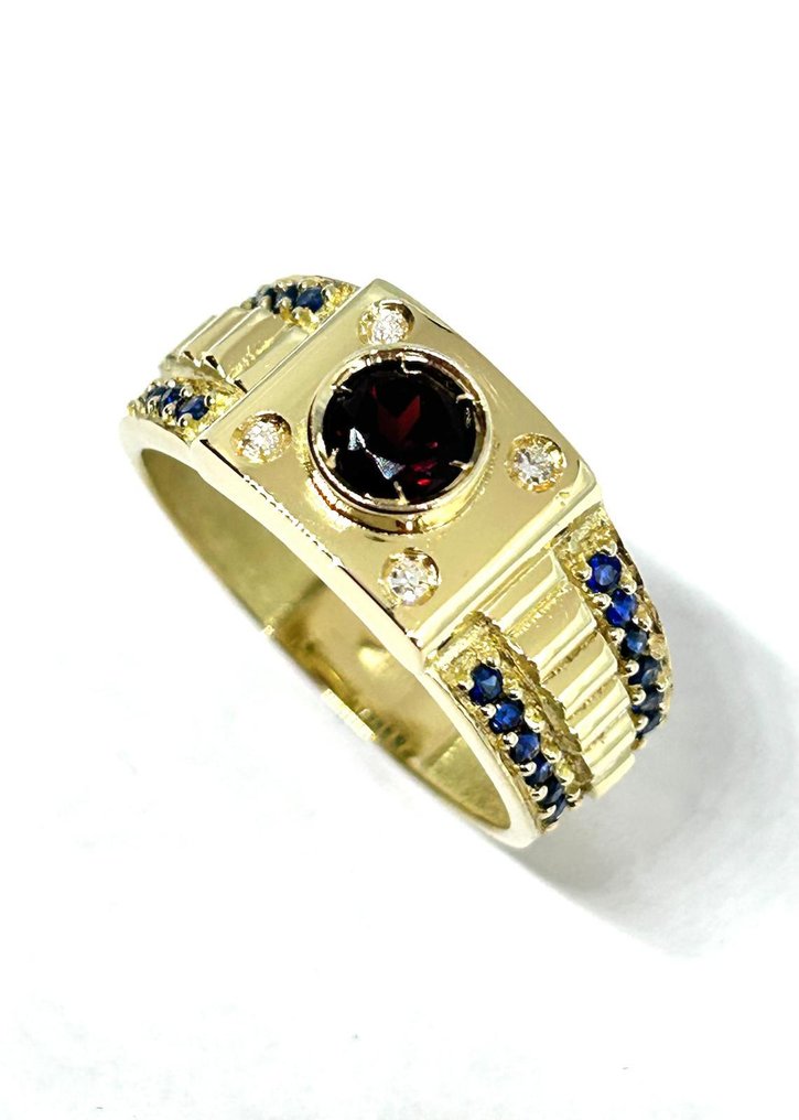 戒指 - 18K包金 黄金 - 1.80ct. tw. 石榴石 - 钻石 - 24 克拉蓝宝石,0.24 #1.0