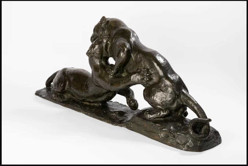 Henri Robert Husset - Veistos, Combat de 2 panthères - 32 cm - Patinoitu pronssi - 1935 #2.1