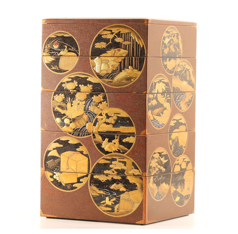 Boks - Meget fin jubako med landskabsmedailloner i maki-e-design - inklusive tomobako. - Træ, Guld, lak #2.1