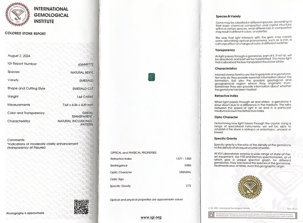 1 pcs 綠色 祖母綠 - 1.64 ct - 國際寶石學院(International Gemological Institute (IGI)) - 绿色 #2.1