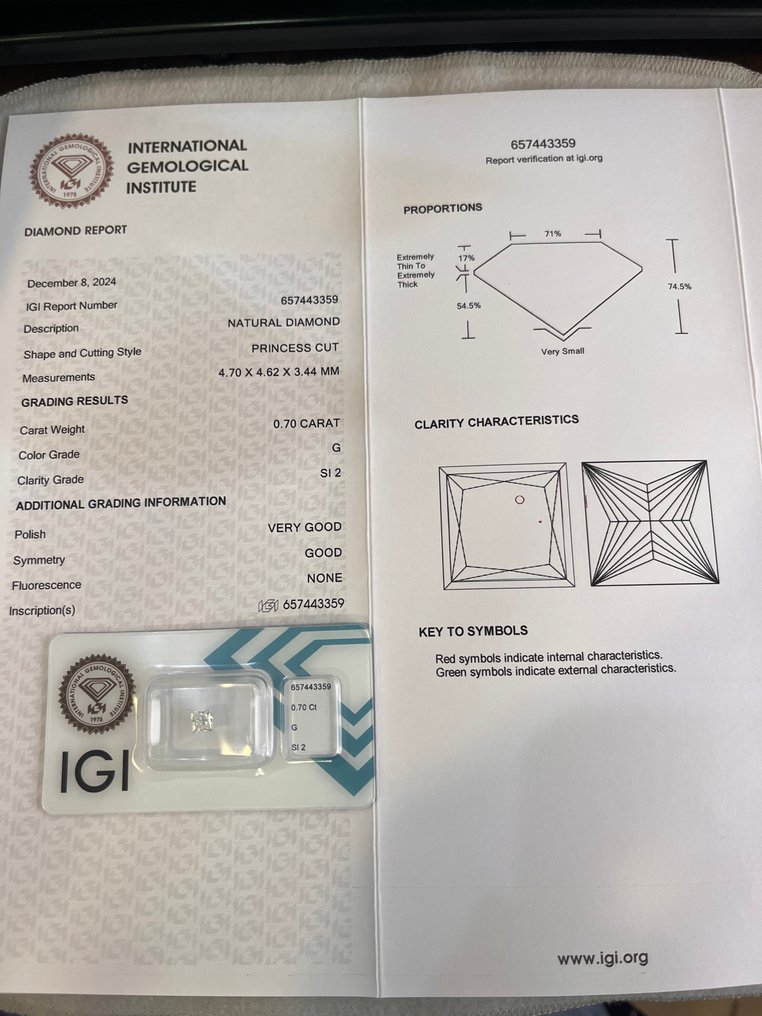 1 pcs Διαμάντι  (Φυσικό)  - 0.70 ct - Τετράγωνο - G - SI2 - International Gemological Institute (IGI) #3.2