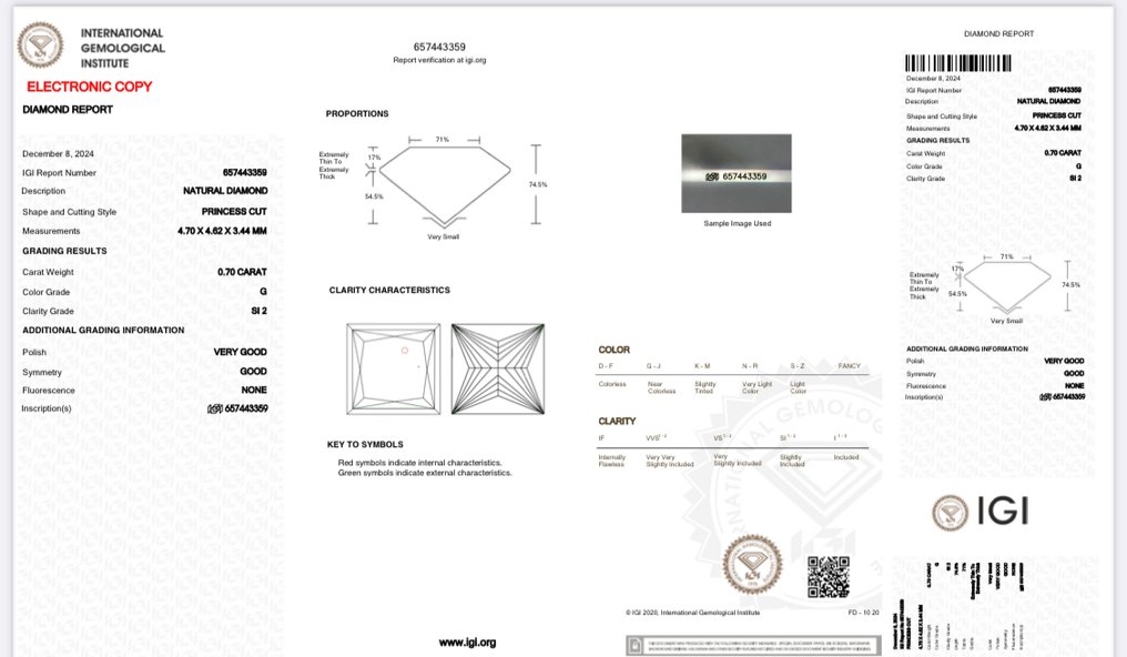 1 pcs Διαμάντι  (Φυσικό)  - 0.70 ct - Τετράγωνο - G - SI2 - International Gemological Institute (IGI) #2.1