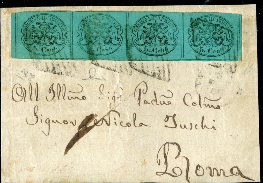 Italian Ancient States - Papal State 1867 - 5 cents, non-perforated, strip of 4, RARE! - Sassone 16 #1.0