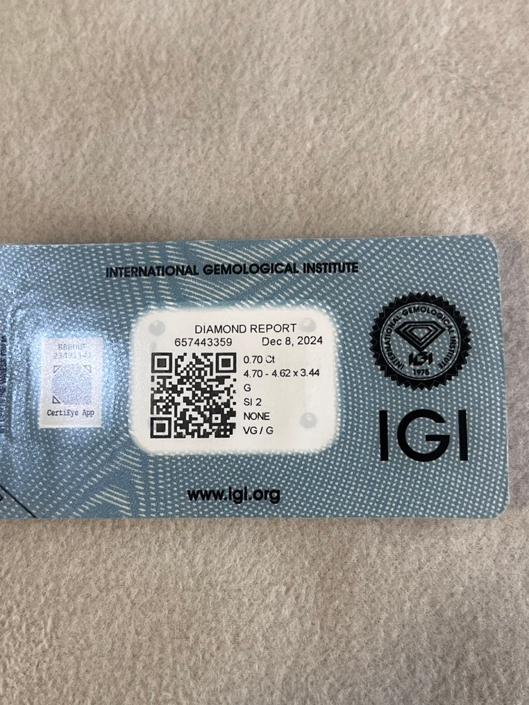 1 pcs Διαμάντι  (Φυσικό)  - 0.70 ct - Τετράγωνο - G - SI2 - International Gemological Institute (IGI) #1.0