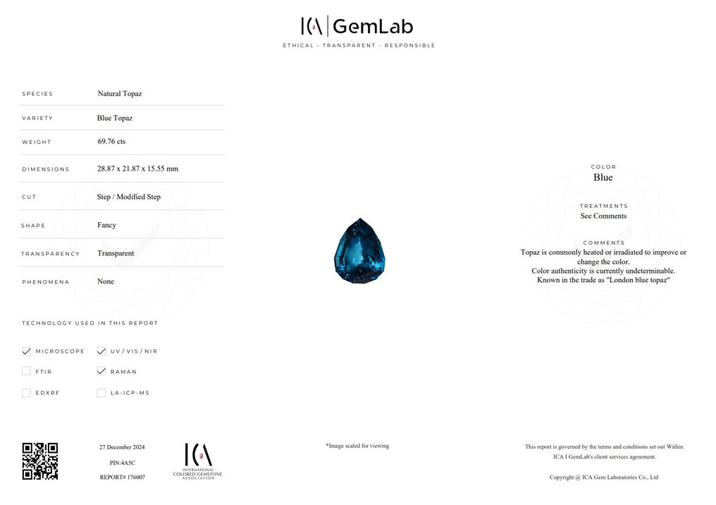 蓝色 黄宝石  - 69.76 ct - 国际有色宝石协会（ICA GemLab） - 伦敦蓝拓帕石 #3.2