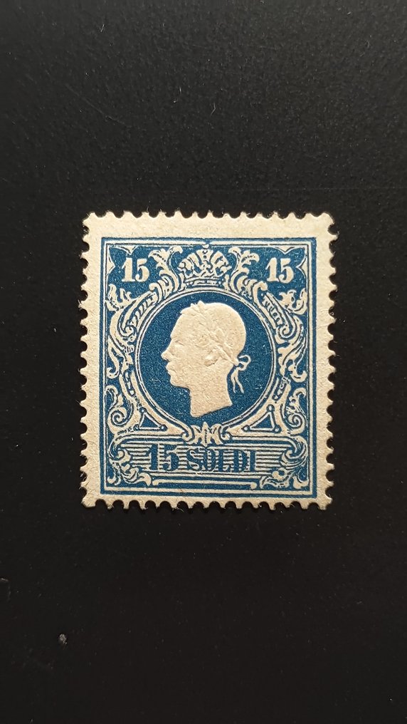 意大利古國－倫巴第-威尼托王國 1858/1858 - 精彩的I型蓝色15 Soldi。此条件下罕见。Raybaudi金证书。 - Sassone N.27  30.000,00 #1.0