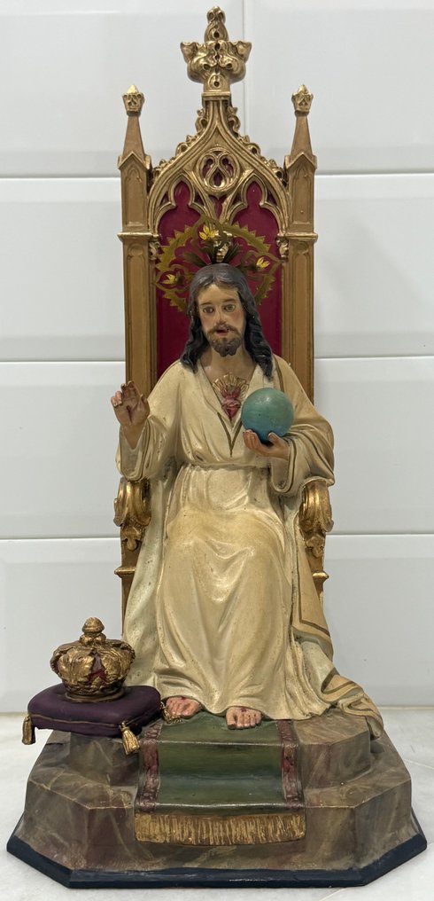 Olot - Γλυπτό, Sagrado Corazón de Jesús entronado - 55.5 cm - πάστα ξύλου, Ξύλο, Ορείχαλκος, Κρύσταλλο - 1920 #2.1