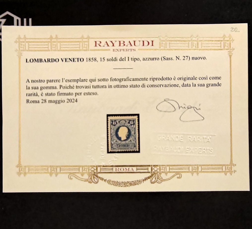 意大利古國－倫巴第-威尼托王國 1858/1858 - 精彩的I型蓝色15 Soldi。此条件下罕见。Raybaudi金证书。 - Sassone N.27  30.000,00 #2.1