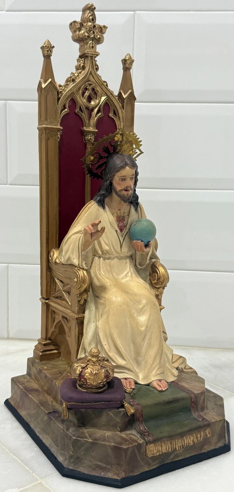Olot - Γλυπτό, Sagrado Corazón de Jesús entronado - 55.5 cm - πάστα ξύλου, Ξύλο, Ορείχαλκος, Κρύσταλλο - 1920 #4.3