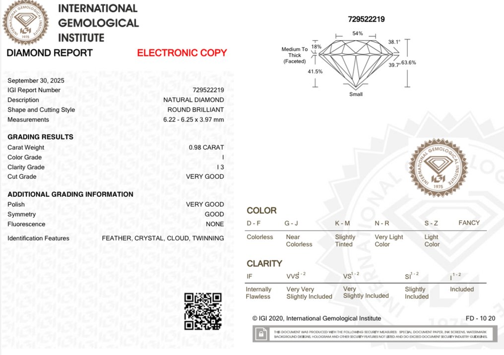 No reserve price - 1 pcs Diamond (Natural) - 0.98 ct - Round - I - I3 - International Gemological Institute (IGI) #2.1