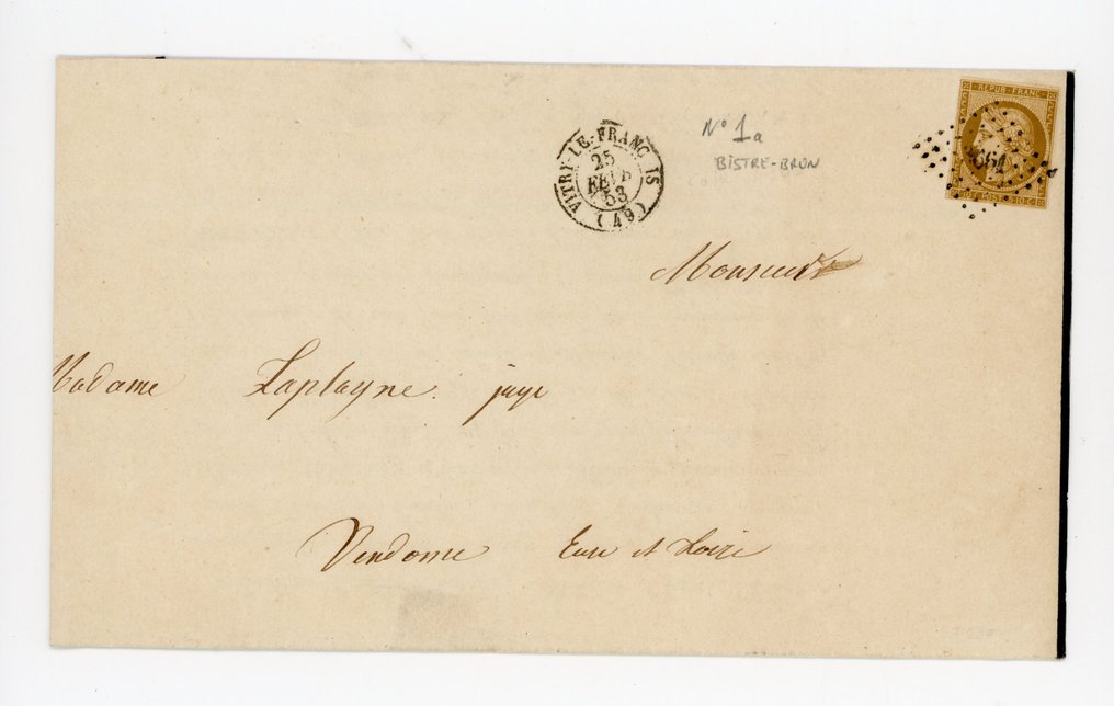 Frankrijk 1853 - Prijs 950€, nuance bistre bruin op letter - Yvert n°1a #1.0