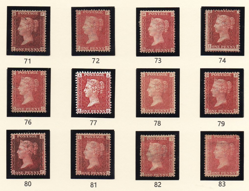 Grande Bretagne 1858/1879 - Ensemble complet QV SG43 de plaques de 1d Penny Red, numéros 71 à 224, oblitérées en neuf, sans #1.0