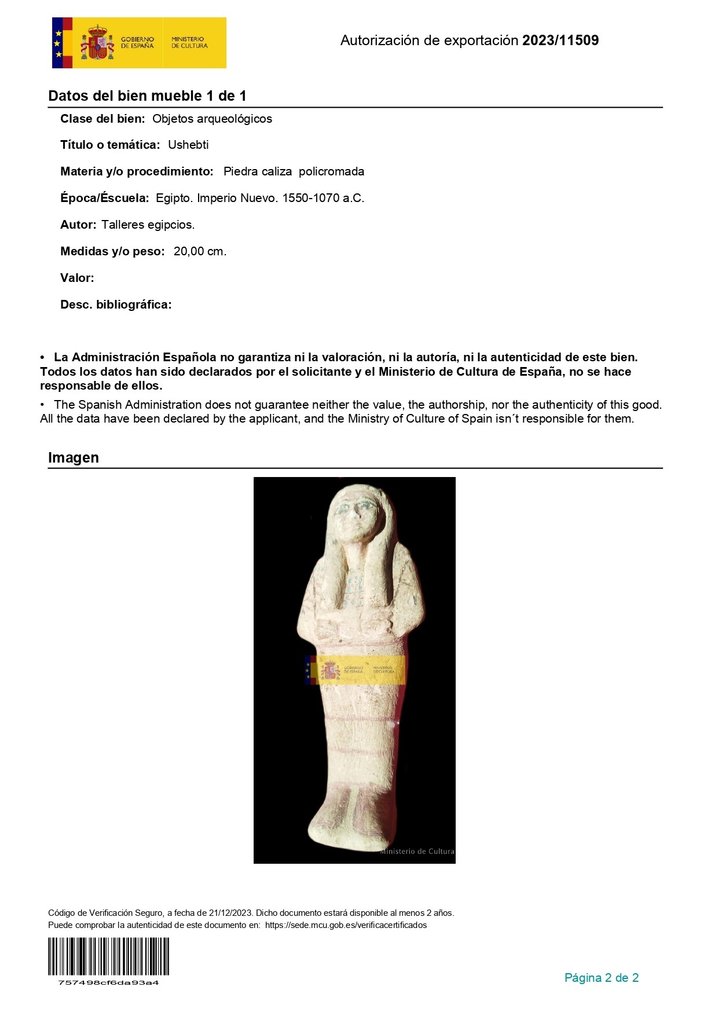 Ancient Egyptian Large Limestone Shabti With Spanish Export License #1.0