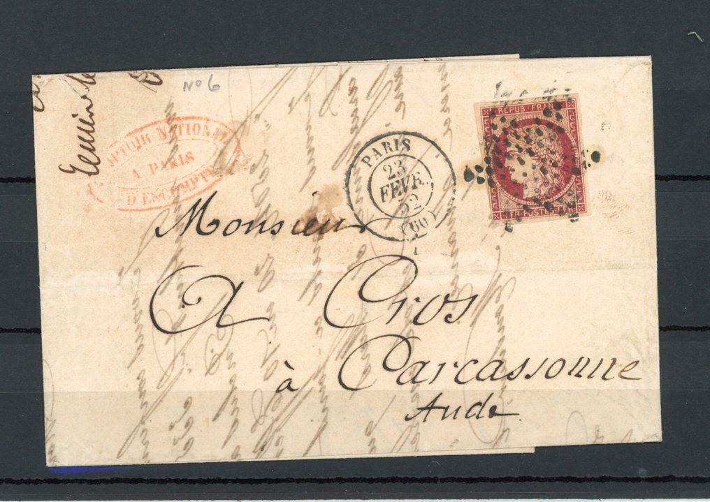法国 1852 - 1700欧元的票价，巴黎到卡尔卡松的精彩信件 - Yvert n°6 #1.0