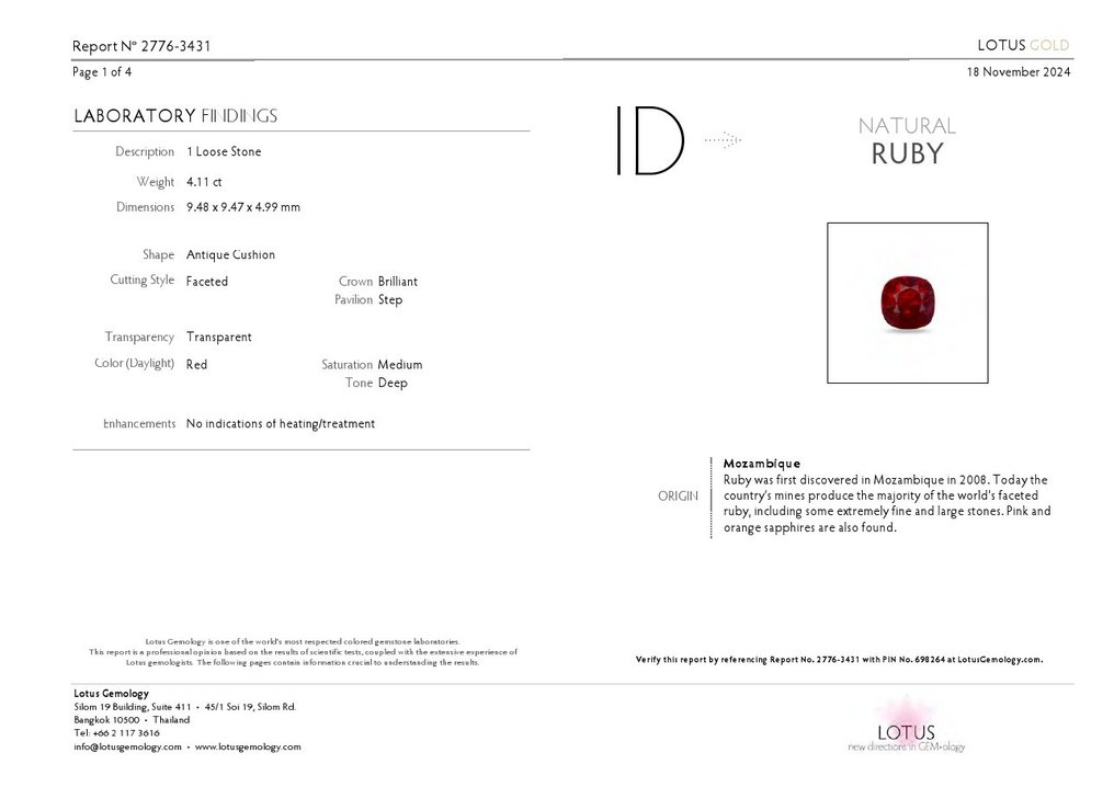 沒有保留價 紅寶石  - 4.11 ct - Lotus Gemology - 深红色（莫桑比克） #4.3