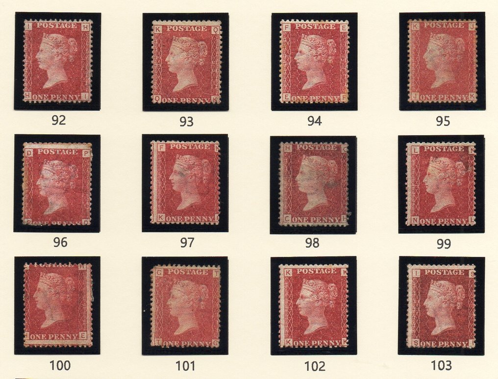 Grande Bretagne 1858/1879 - Ensemble complet QV SG43 de plaques de 1d Penny Red, numéros 71 à 224, oblitérées en neuf, sans #4.3