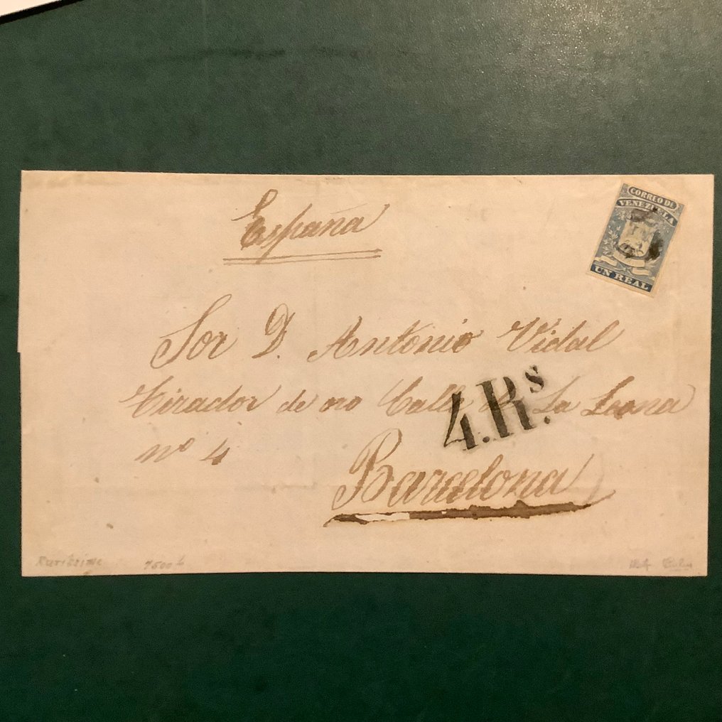 Venezuela 1859 - Egy valódi transzatlanti levél Barcelonába - jóváhagyva Calves által. - Michel 2 #2.1
