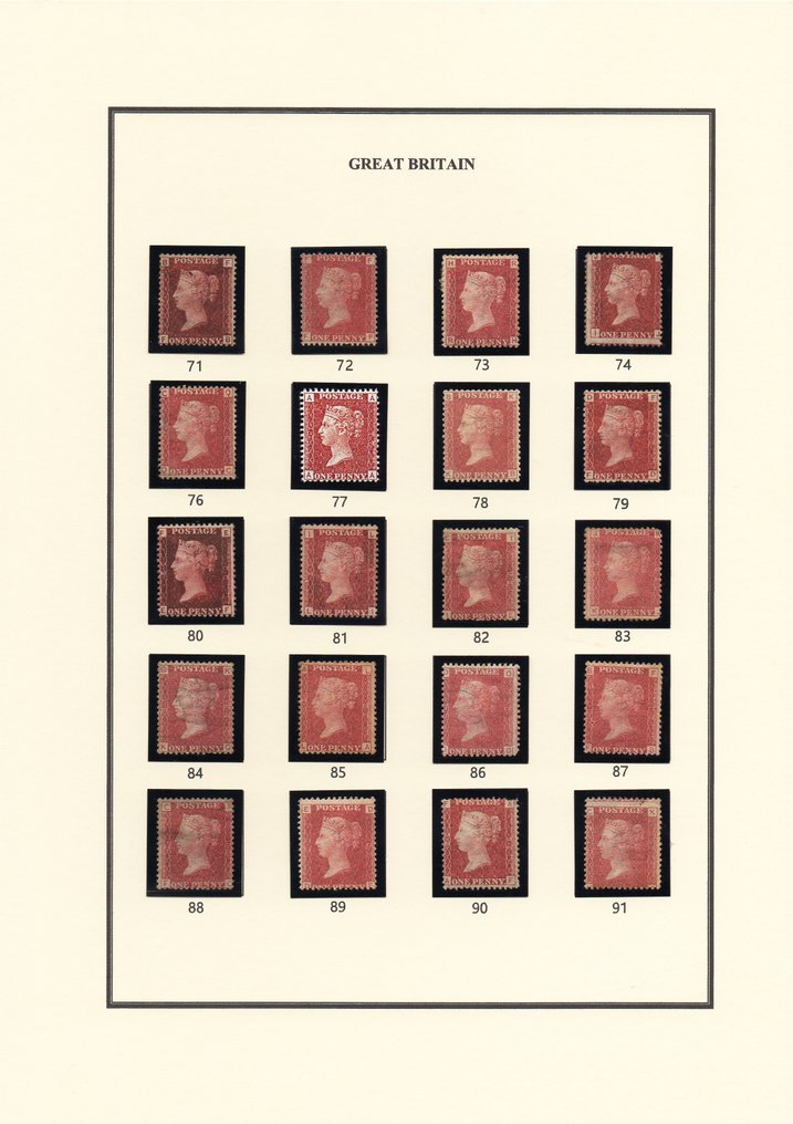 Grande Bretagne 1858/1879 - Ensemble complet QV SG43 de plaques de 1d Penny Red, numéros 71 à 224, oblitérées en neuf, sans #1.0