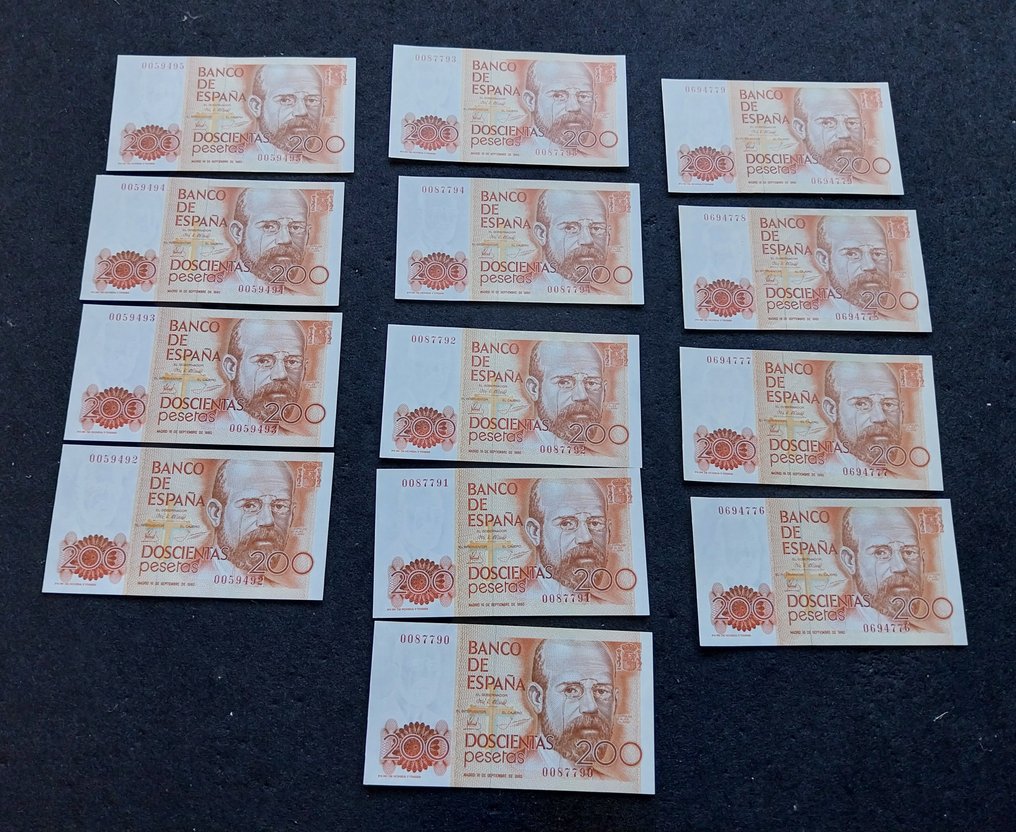 Ισπανία. - 13 x 200 Pesetas 1980 - sin serie - Pick 156 (χωρίς τιμή ασφαλείας) #1.0