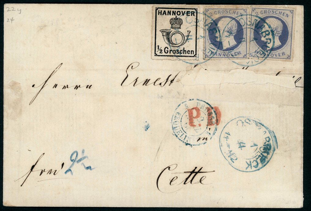 Hanower 1860/1864 - Rzadki zagraniczny list do CETTE opłacony stemplami 1/2 Gr czarnym i dwukrotnie 2 Gr niebieskim, - Mi.Nr. 17, 24y (2x) #1.0