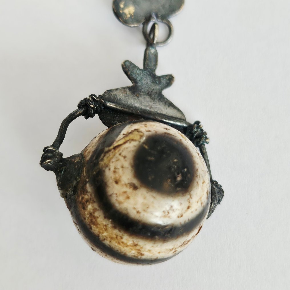 丝绸之路 - 中亚的 古董天然条纹玛瑙与银 一对佛眼珠耳环 - 70 mm  (没有保留价) #4.3