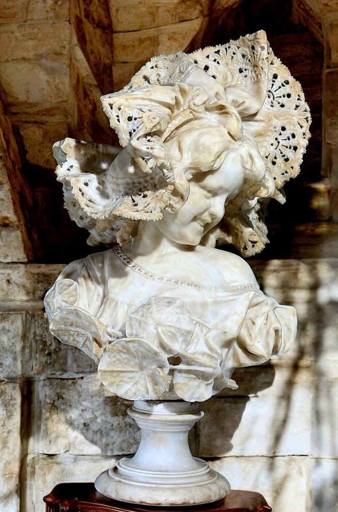 Corsi • (Scultore Fiorentino) • (19° sec). - Buste, Dama sorridente con Cappello di Pizzo - 66 cm - Carrara marmer #4.3