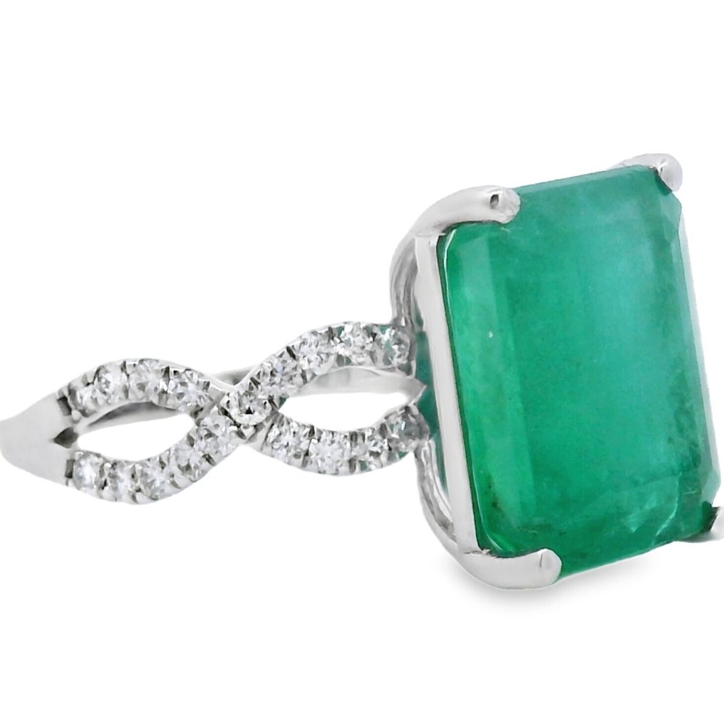 戒指 - 14 克拉 白金 - 8.24ct. tw. 祖母綠 - 鉆石 #1.0