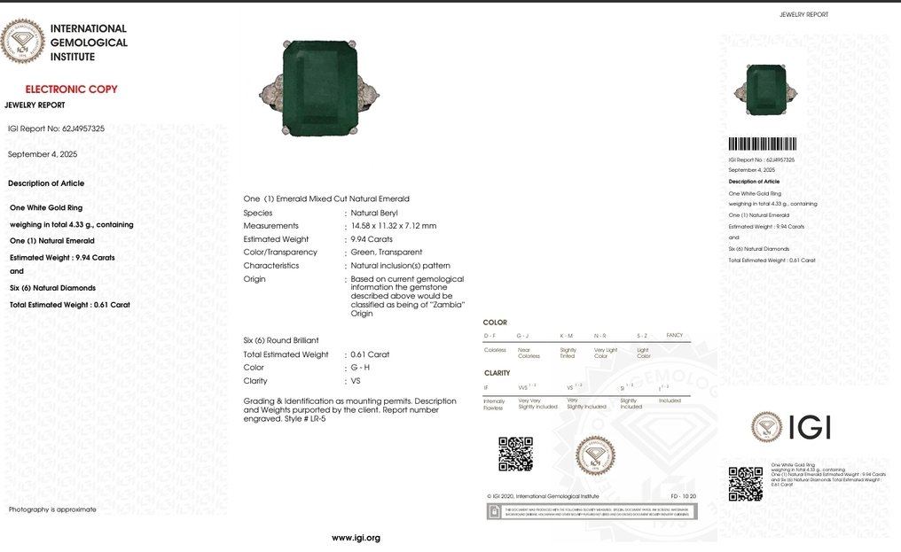 Ring - 14 kt. White gold -  10.55ct. tw. Emerald - Diamond - Transparent Emerald #2.1