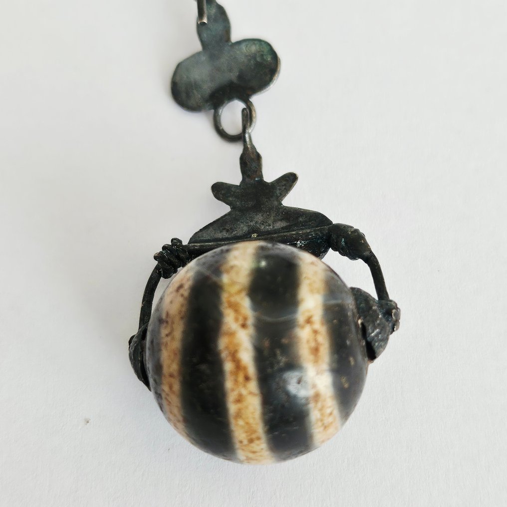 丝绸之路 - 中亚的 古董天然条纹玛瑙与银 一对佛眼珠耳环 - 70 mm  (没有保留价) #3.2