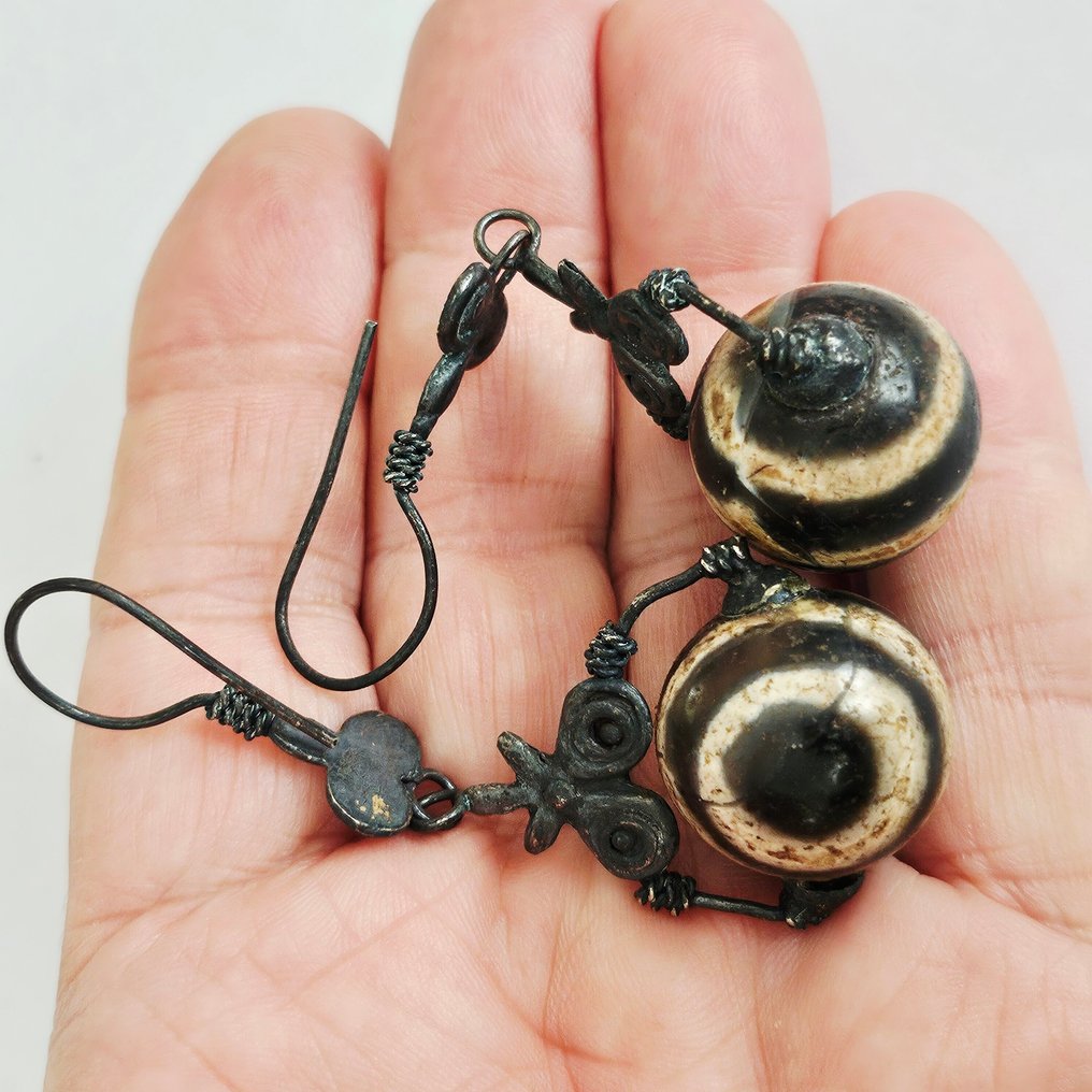 丝绸之路 - 中亚的 古董天然条纹玛瑙与银 一对佛眼珠耳环 - 70 mm  (没有保留价) #1.0