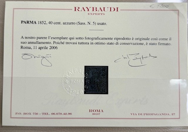 意大利古城邦-帕尔马 1852 - 二手蓝色的40分 - Sassone N. 5 #2.1