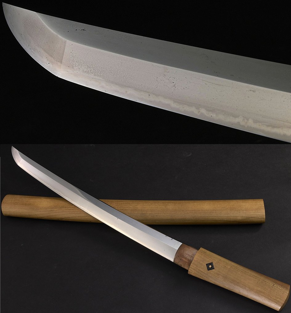 劍 - 脇差——素色木制存储鞘配葫芦图案丝袋 - Fujiwara Naonobu (藤原直信) - 日本 - 江戶時代晚期 #1.0