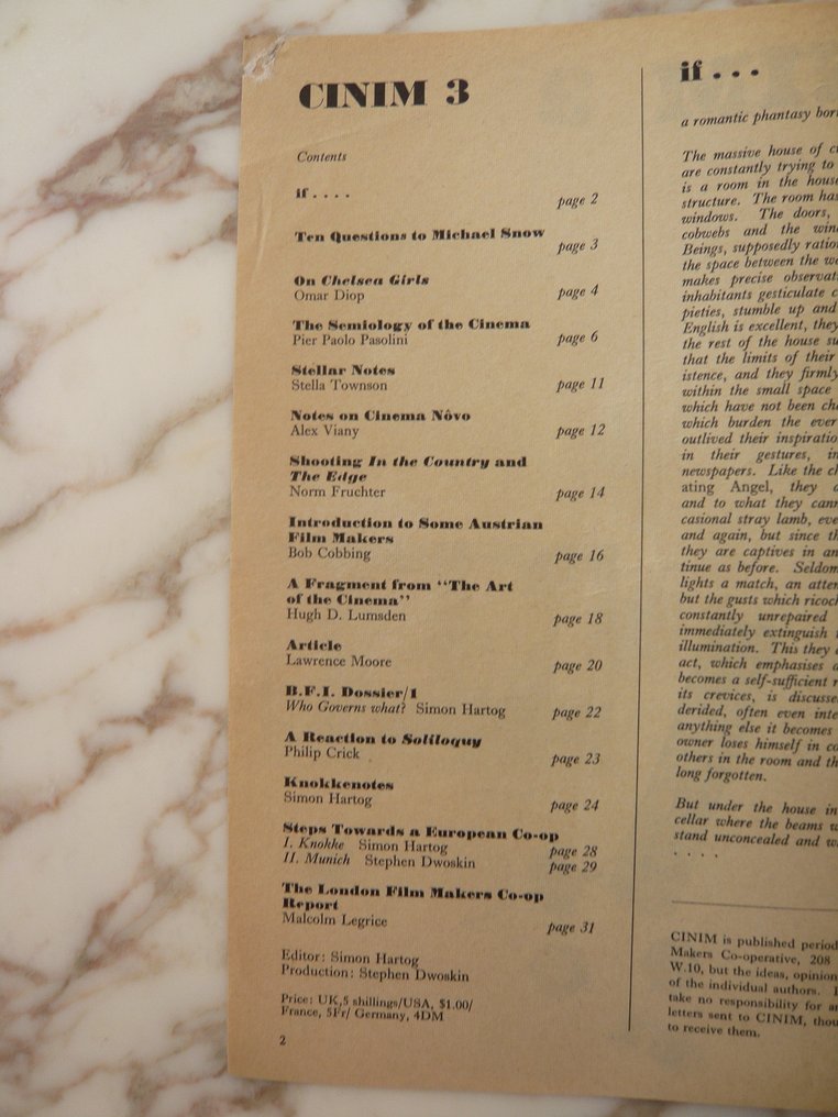 Michael Snow-Jonas Mekas-Pasolini - Revue Cinim 2 et 3: "Spring '69 in the New Cinema" - 1968-1969 #2.1
