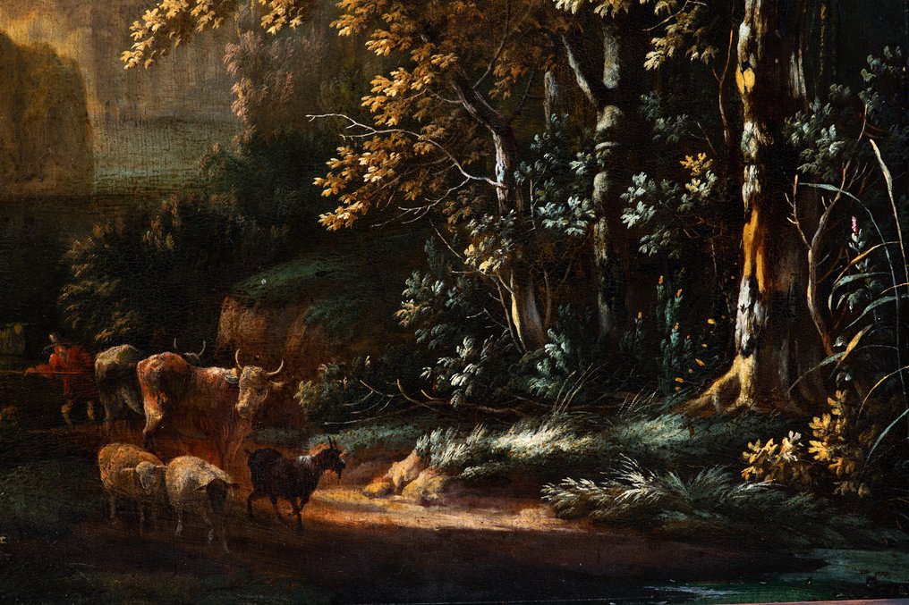 Jan Snellinck III (1640-1691), Attribuito a - Zuidelijk landschap met herders en vee op landweg - NO RESERVE #3.2
