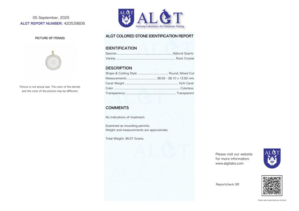 ALGT Certified - Huge and Masterful Natural Quartz Pendant - An exceptionally clear find from nature- 36.07 g #2.1