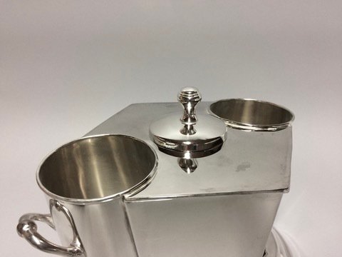 Wine cooler -  Wine Cooler for two bottles in Art Deco style with compartment for ice-cubes in the middle - Silver plated brass #4.3